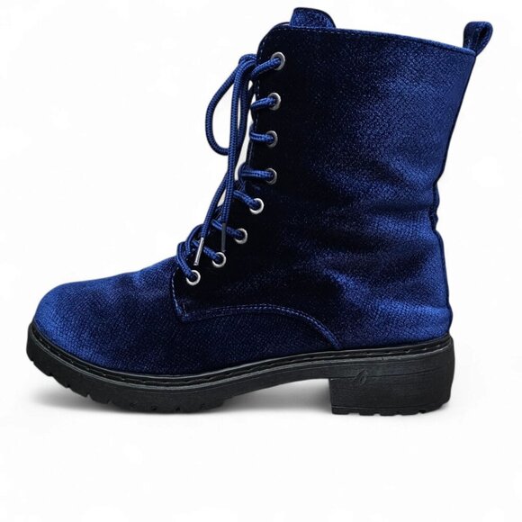 Wanted New Velour Royal Blue Ankle Patrol Lace-up Chunky Y2K Combat Boot - Picture 12 of 13